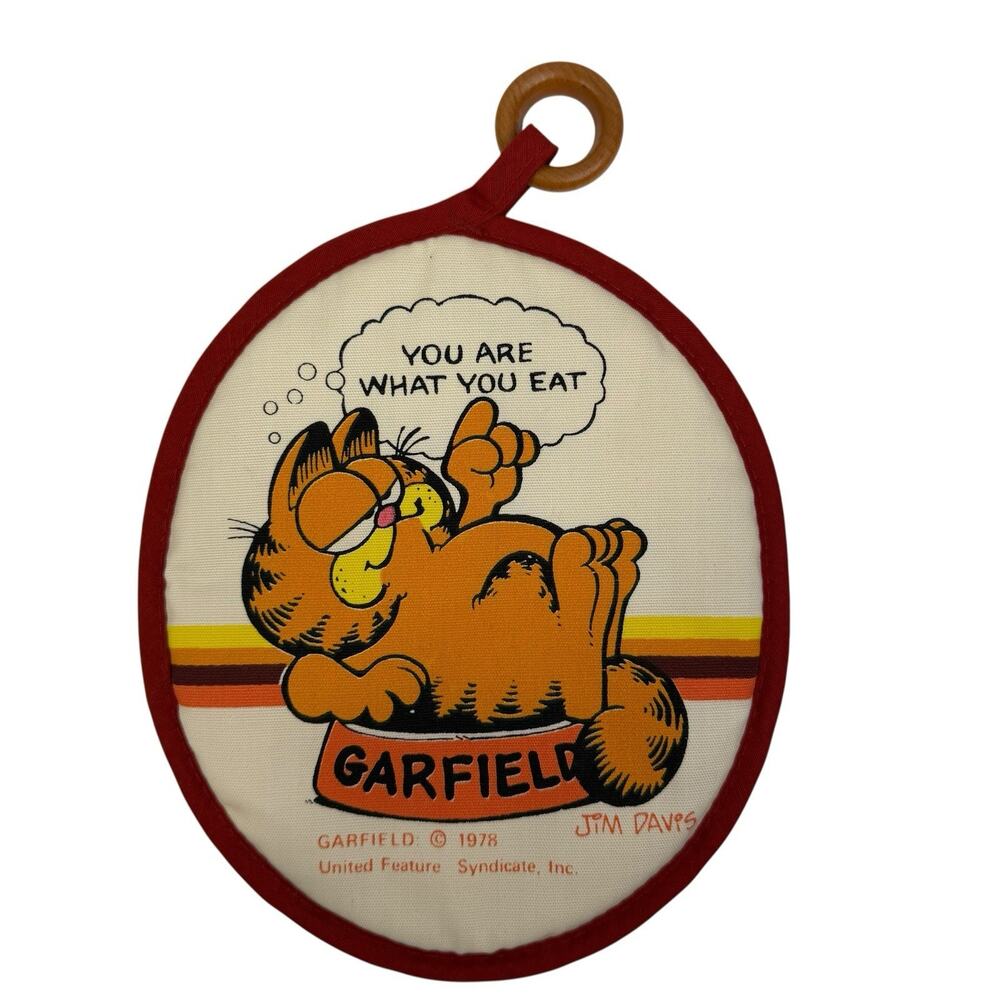 Vtg GARFIELD Cat Pot Holder Hot Pad Wood Ring You Are What Eat 1978 Jim Davis